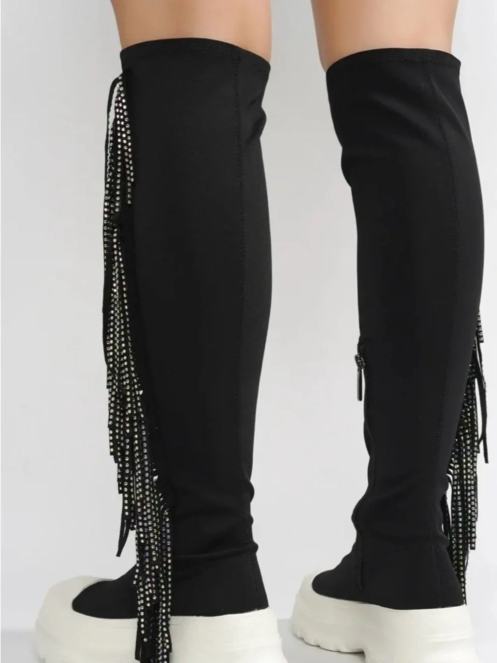 Cape Robbin ARETHA - BLACK THIGH HIGH BOOTS with Multicolor Beaded Fringe